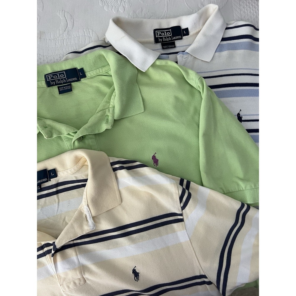 Lot Of 3 VTG Polo Ralph Lauren Pique Knit Polo Shirt Striped Large Cotton